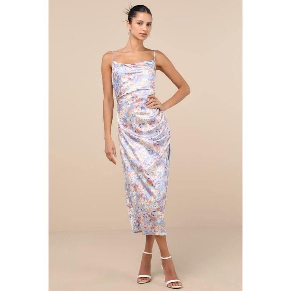 Ruched Satin Midi Dress Blue